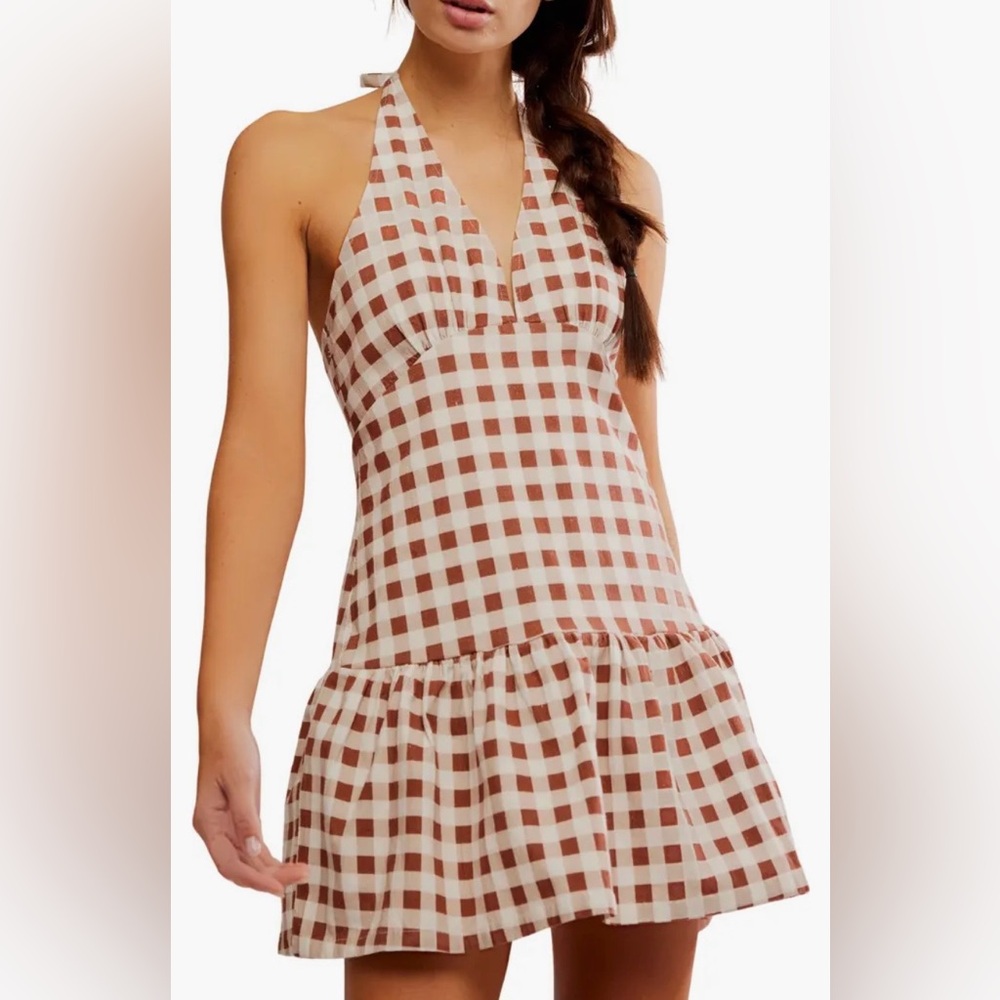 Free People Cecil Flounce Hem Cotton 
Blend Halter Dress Brown Patina Size L